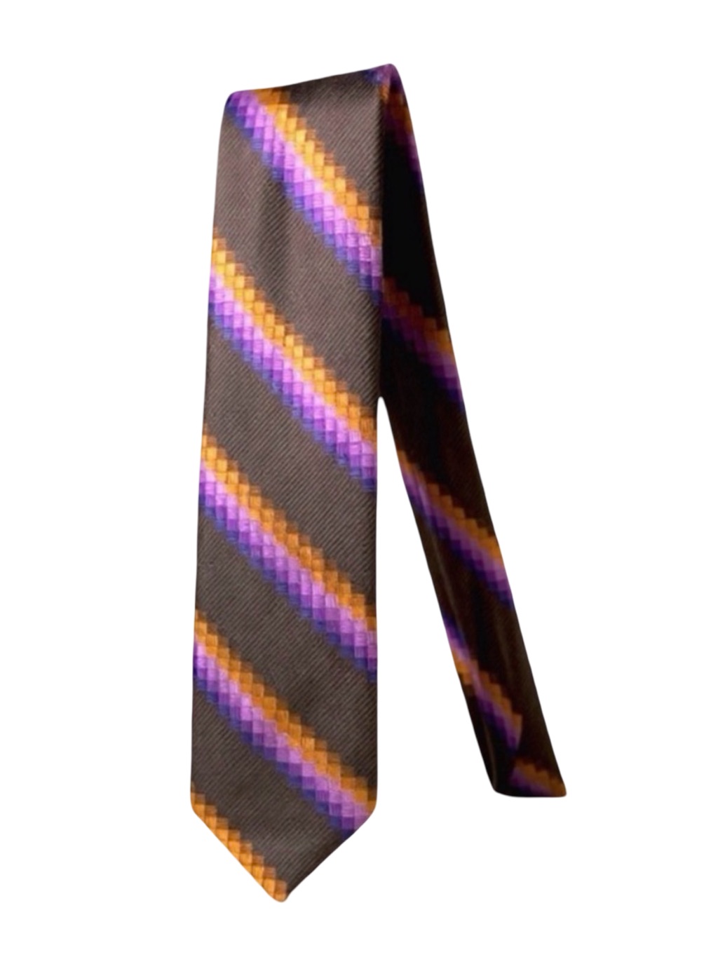 Bijan Handcrafted Silk Tie Italy Brown, Purple, Gold Stripes